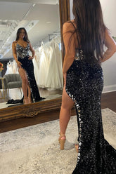 Black Prom Dress Mermaid Mirror Long Beaded Evening Dress with Slit